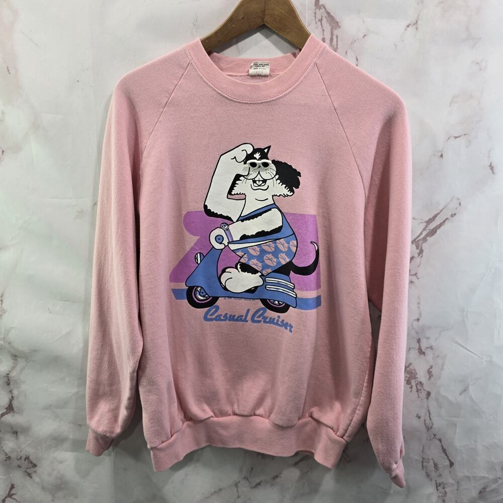 Vintage Cat Sweatshirt Womens Medium Pink Moped Chonk Tuxedo Crew Pullover 80s